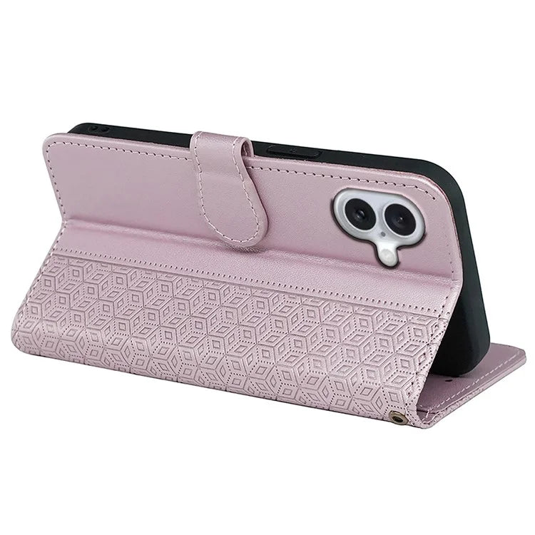 For iPhone 16 Plus Case Cubic Grid Leather Phone Cover with Viewing Stand