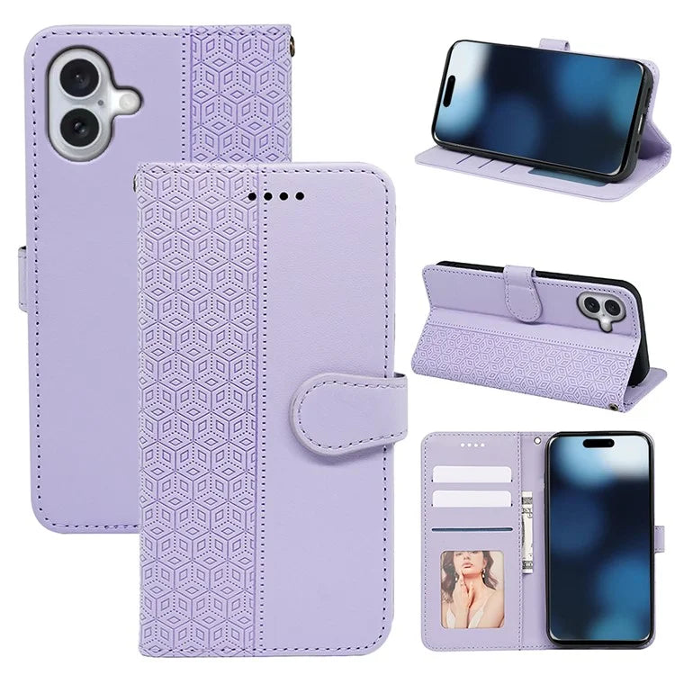For iPhone 16 Plus Case Cubic Grid Leather Phone Cover with Viewing Stand
