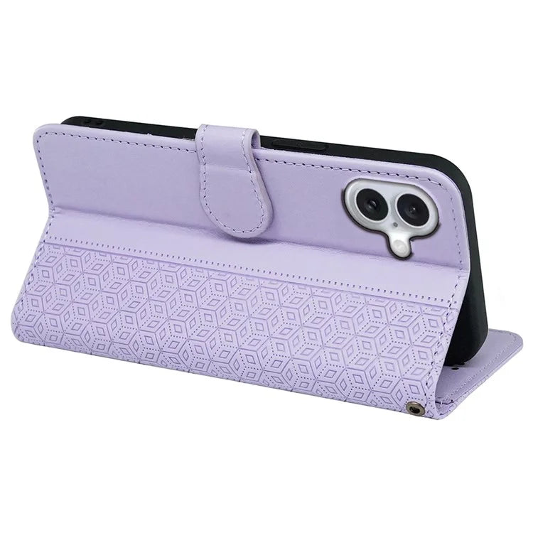 For iPhone 16 Plus Case Cubic Grid Leather Phone Cover with Viewing Stand