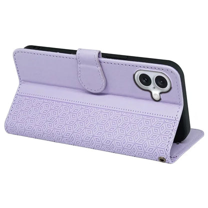 For iPhone 16 Plus Case Cubic Grid Leather Phone Cover with Viewing Stand