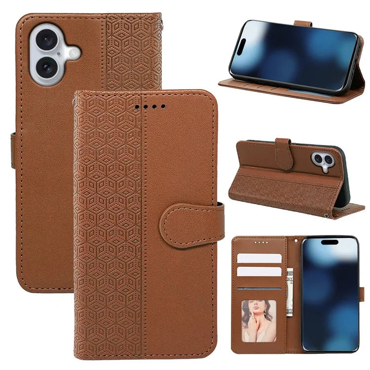 For iPhone 16 Plus Case Cubic Grid Leather Phone Cover with Viewing Stand