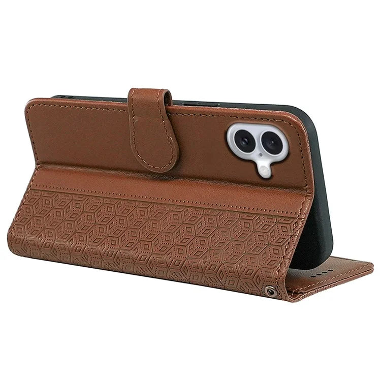 For iPhone 16 Plus Case Cubic Grid Leather Phone Cover with Viewing Stand