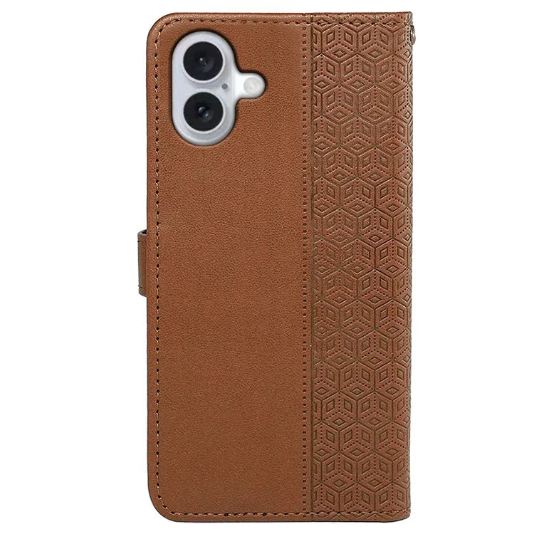 For iPhone 16 Plus Case Cubic Grid Leather Phone Cover with Viewing Stand