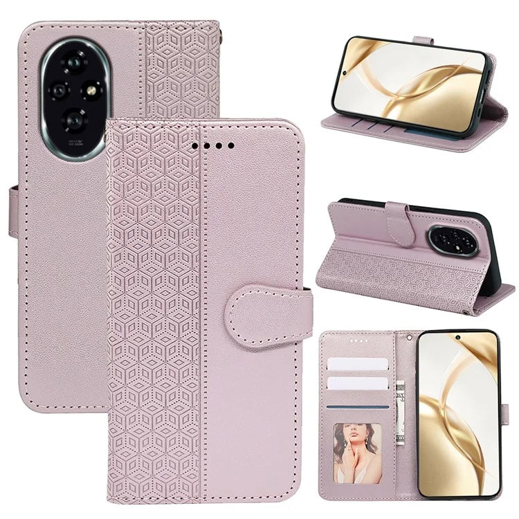 For Honor 200 Pro 5G Stand Case Cubic Grid Imprinted PU Leather Wallet Phone Cover