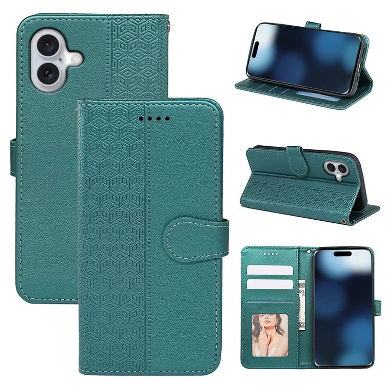 For iPhone 16 Case Cubic Grid Imprint PU Leather Folio Flip Phone Cover