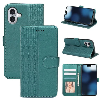 For iPhone 16 Case Cubic Grid Imprint PU Leather Folio Flip Phone Cover