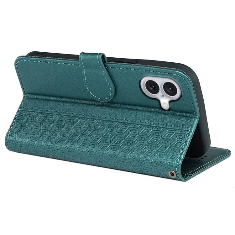 For iPhone 16 Case Cubic Grid Imprint PU Leather Folio Flip Phone Cover