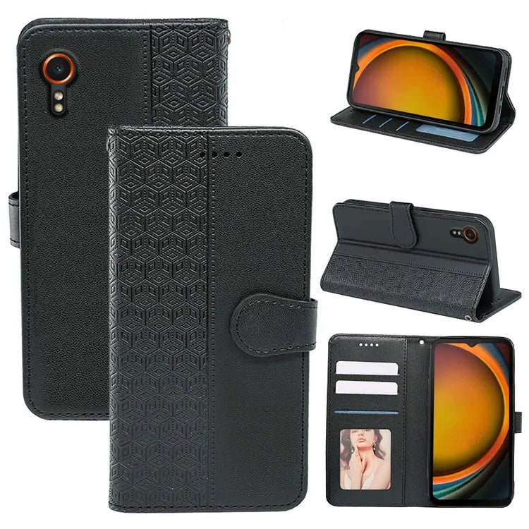 For Samsung Galaxy Xcover7 Case Wallet Leather Flip Phone Cover Cubic Grid Imprinted