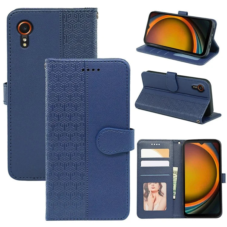 For Samsung Galaxy Xcover7 Case Wallet Leather Flip Phone Cover Cubic Grid Imprinted