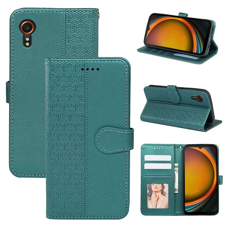 For Samsung Galaxy Xcover7 Case Wallet Leather Flip Phone Cover Cubic Grid Imprinted