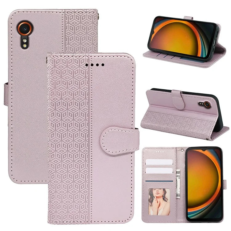 For Samsung Galaxy Xcover7 Case Wallet Leather Flip Phone Cover Cubic Grid Imprinted
