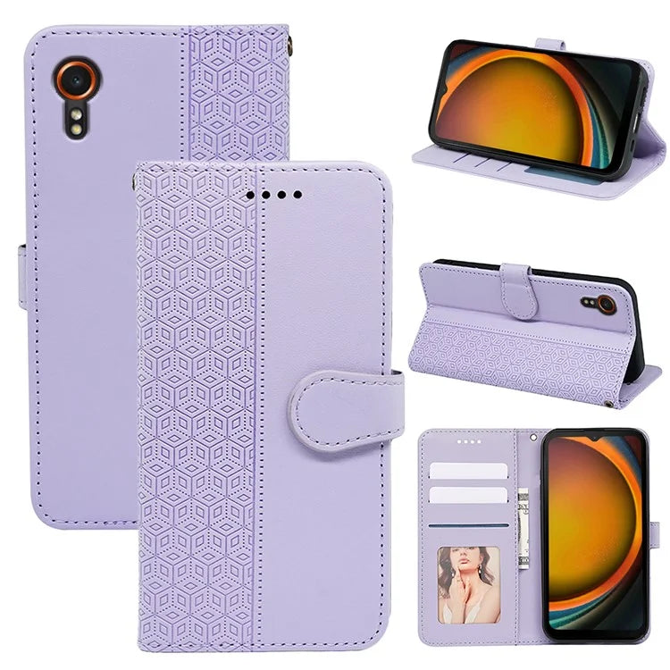 For Samsung Galaxy Xcover7 Case Wallet Leather Flip Phone Cover Cubic Grid Imprinted