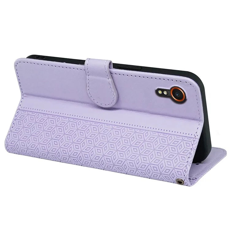 For Samsung Galaxy Xcover7 Case Wallet Leather Flip Phone Cover Cubic Grid Imprinted