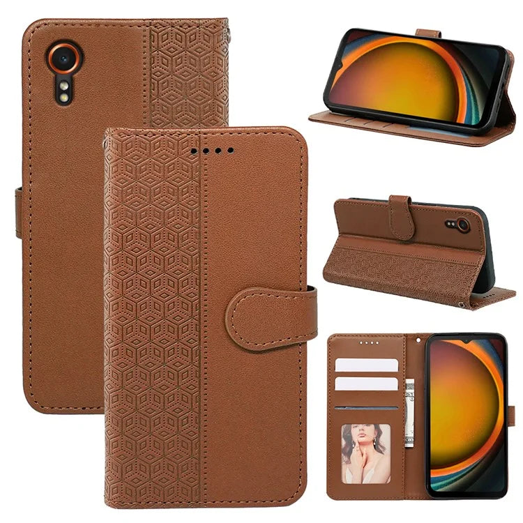 For Samsung Galaxy Xcover7 Case Wallet Leather Flip Phone Cover Cubic Grid Imprinted