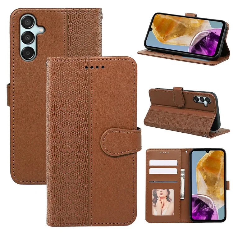 For Samsung Galaxy M15 5G / F15 5G Phone Case Cubic Grid Imprint PU Leather Wallet Cover