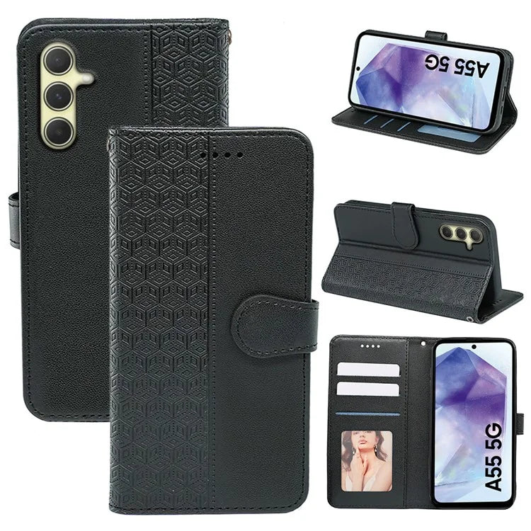 For Samsung Galaxy A55 5G Case Cubic Grid Imprint PU Leather Wallet Phone Cover
