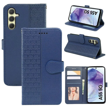 For Samsung Galaxy A55 5G Case Cubic Grid Imprint PU Leather Wallet Phone Cover