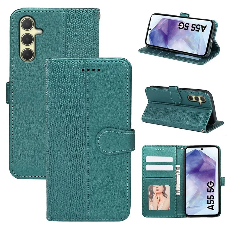 For Samsung Galaxy A55 5G Case Cubic Grid Imprint PU Leather Wallet Phone Cover