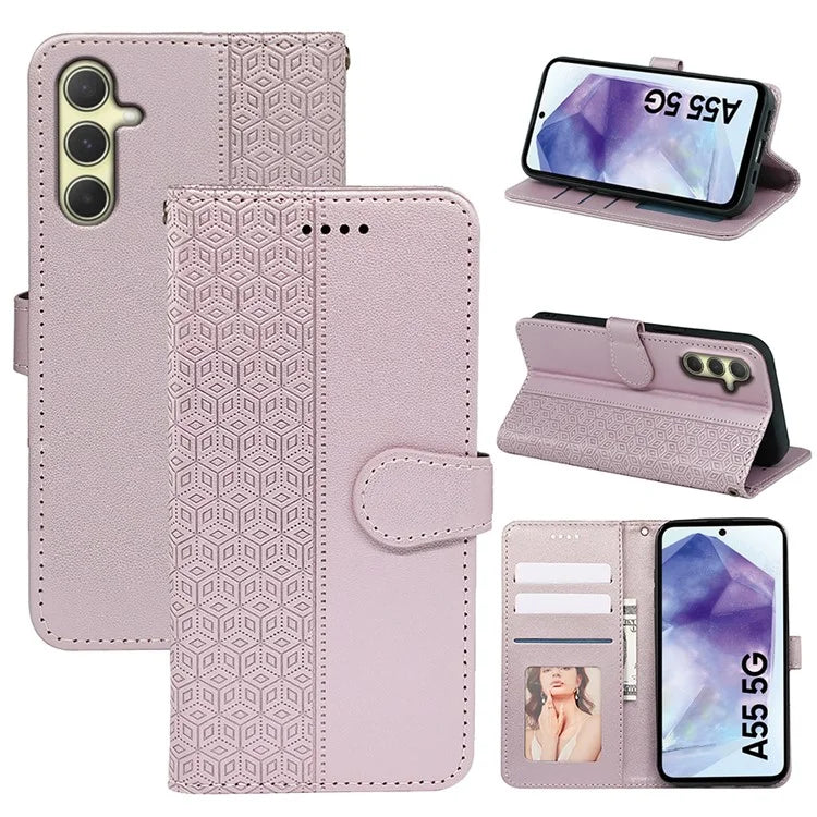 For Samsung Galaxy A55 5G Case Cubic Grid Imprint PU Leather Wallet Phone Cover