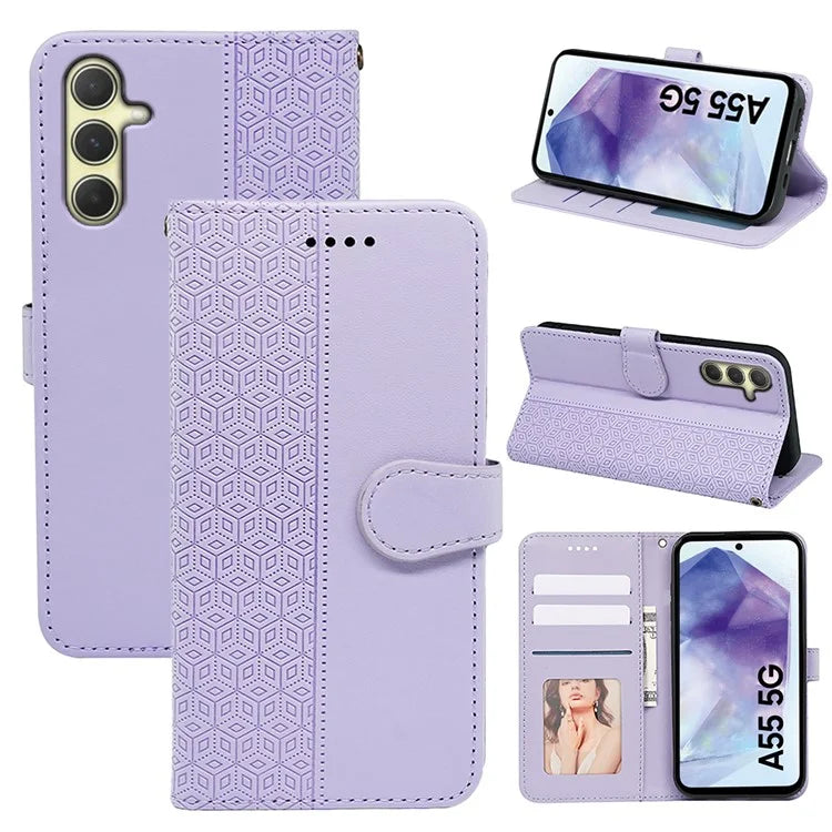 For Samsung Galaxy A55 5G Case Cubic Grid Imprint PU Leather Wallet Phone Cover