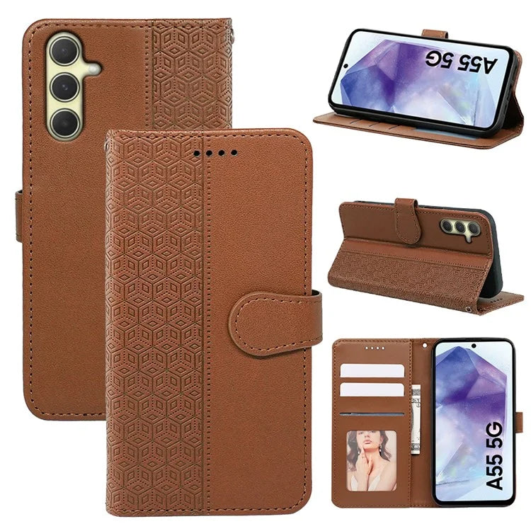 For Samsung Galaxy A55 5G Case Cubic Grid Imprint PU Leather Wallet Phone Cover