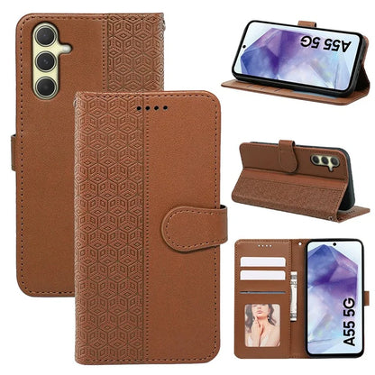 For Samsung Galaxy A55 5G Case Cubic Grid Imprint PU Leather Wallet Phone Cover
