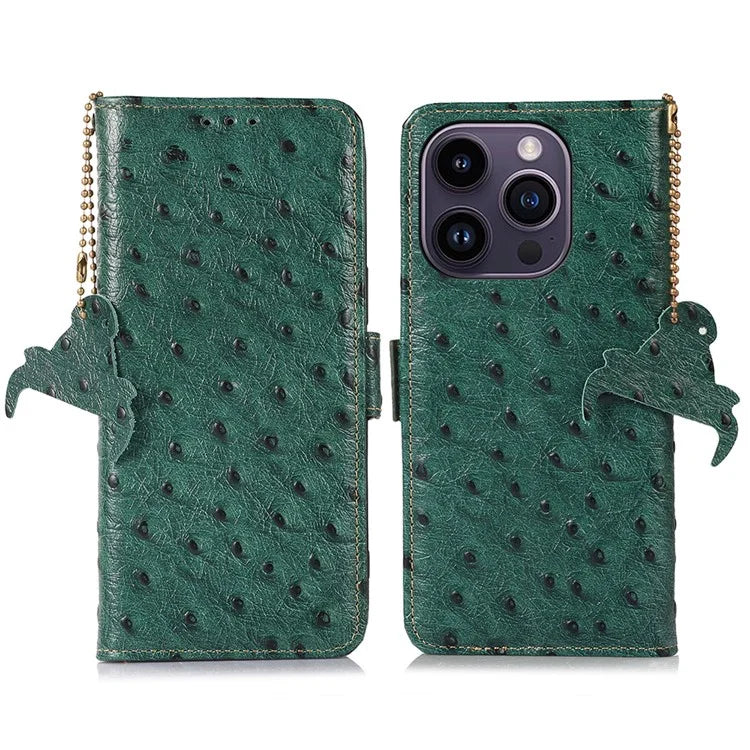 For iPhone 16 Pro Max Case Ostrich Pattern Genuine Cow Leather Phone Cover RFID Blocking
