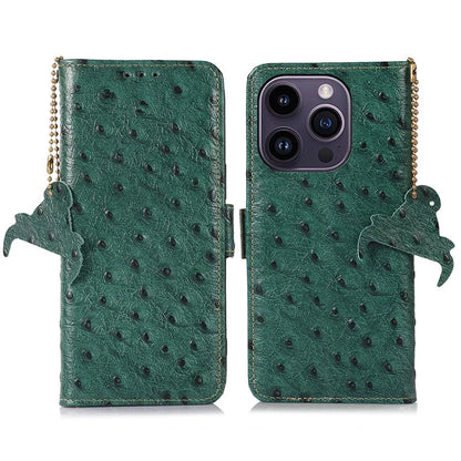 For iPhone 16 Pro Max Case Ostrich Pattern Genuine Cow Leather Phone Cover RFID Blocking
