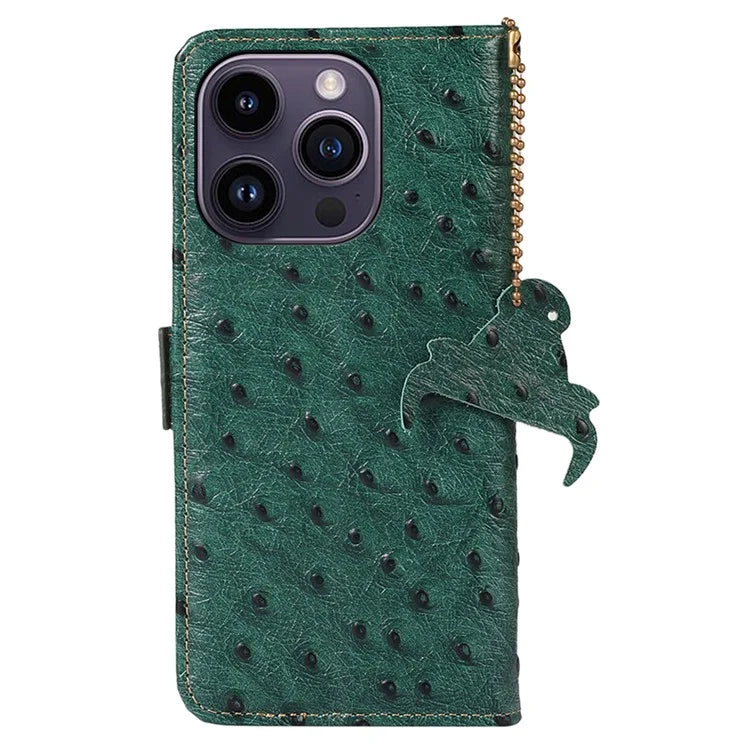 For iPhone 16 Pro Max Case Ostrich Pattern Genuine Cow Leather Phone Cover RFID Blocking
