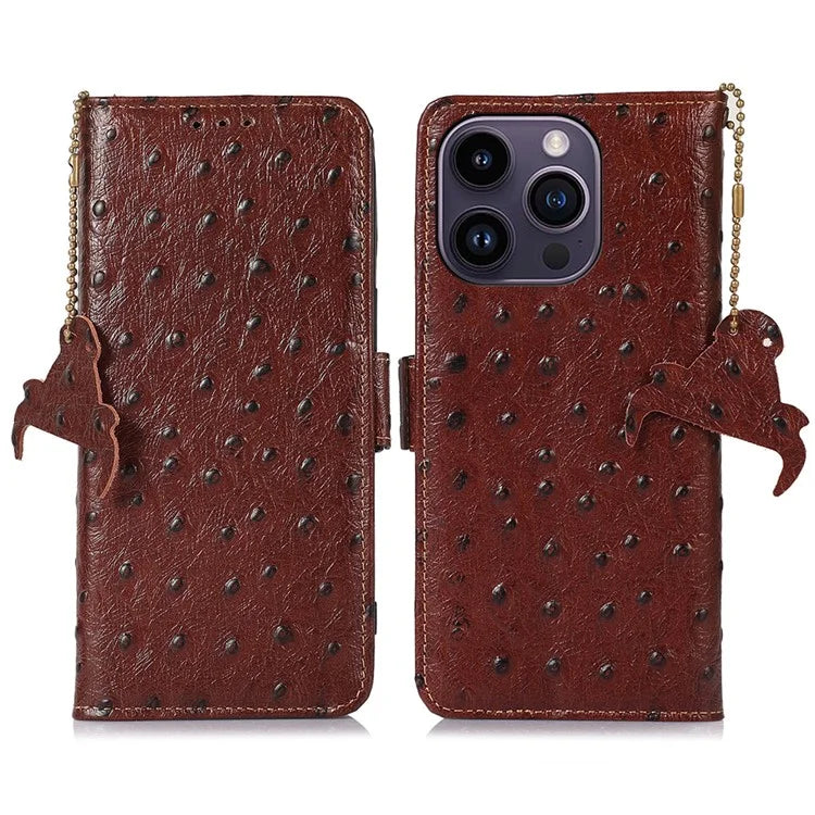 For iPhone 16 Pro Max Case Ostrich Pattern Genuine Cow Leather Phone Cover RFID Blocking