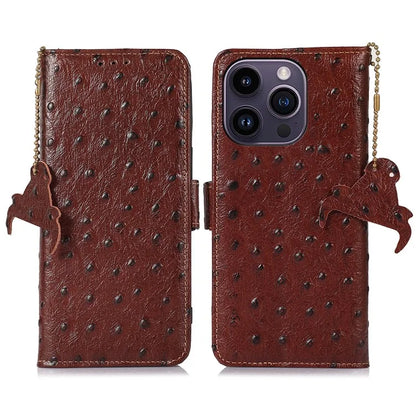 For iPhone 16 Pro Max Case Ostrich Pattern Genuine Cow Leather Phone Cover RFID Blocking