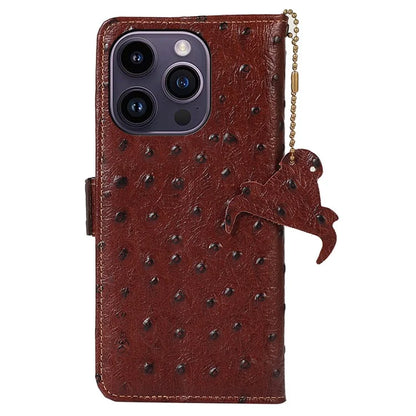 For iPhone 16 Pro Max Case Ostrich Pattern Genuine Cow Leather Phone Cover RFID Blocking