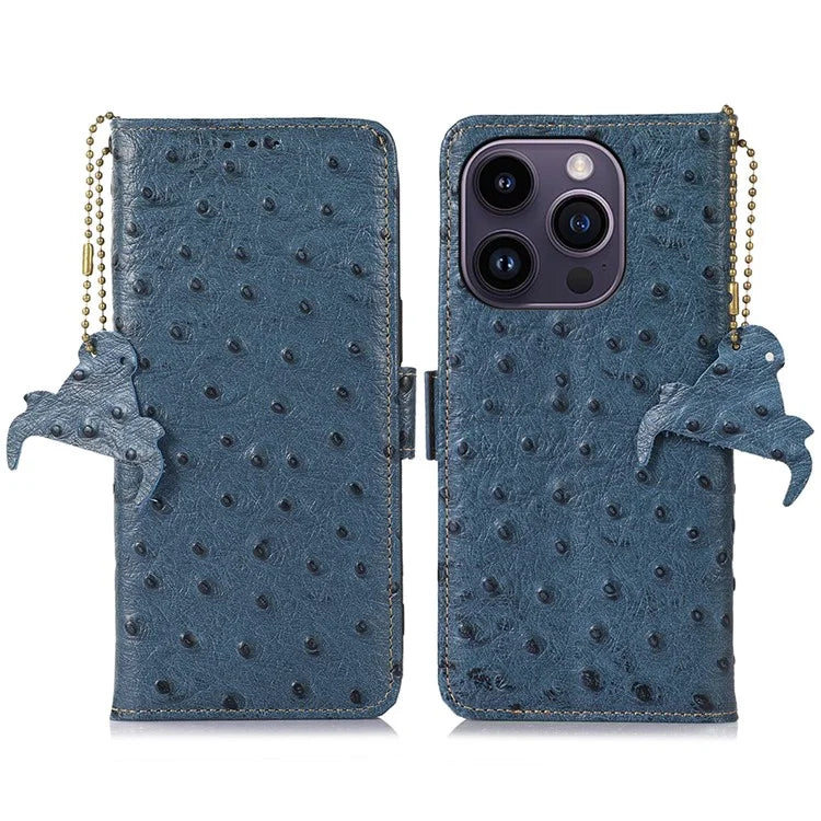 For iPhone 16 Pro Max Case Ostrich Pattern Genuine Cow Leather Phone Cover RFID Blocking