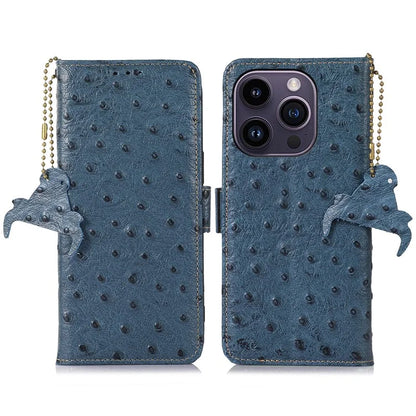 For iPhone 16 Pro Max Case Ostrich Pattern Genuine Cow Leather Phone Cover RFID Blocking