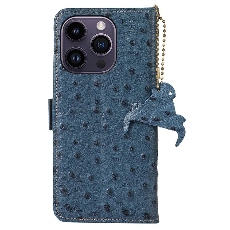 For iPhone 16 Pro Max Case Ostrich Pattern Genuine Cow Leather Phone Cover RFID Blocking