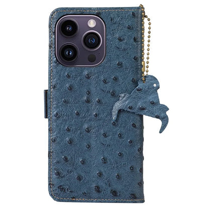 For iPhone 16 Pro Max Case Ostrich Pattern Genuine Cow Leather Phone Cover RFID Blocking