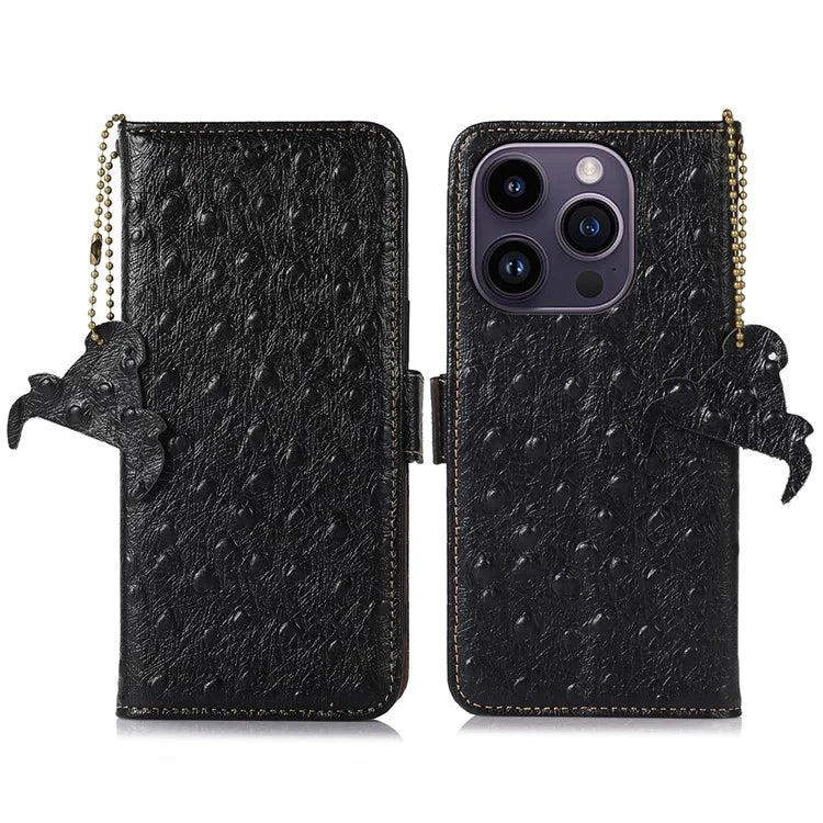 For iPhone 16 Pro Max Case Ostrich Pattern Genuine Cow Leather Phone Cover RFID Blocking