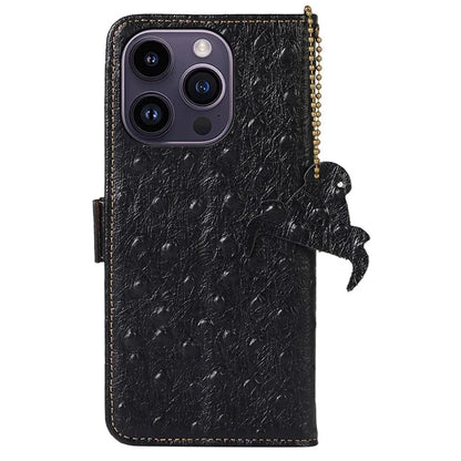 For iPhone 16 Pro Max Case Ostrich Pattern Genuine Cow Leather Phone Cover RFID Blocking