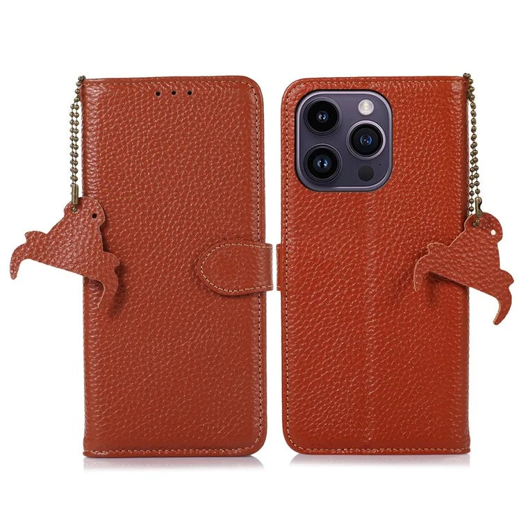 For iPhone 16 Pro Max Case Litchi Texture Phone Cover Genuine Cow Leather RFID Blocking