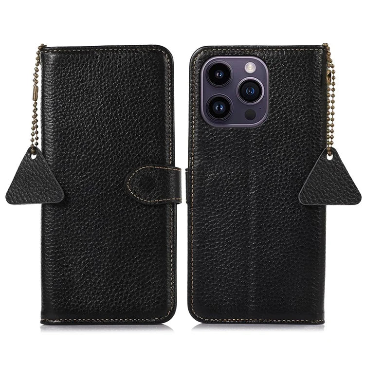 For iPhone 16 Pro Max Case Litchi Texture Phone Cover Genuine Cow Leather RFID Blocking