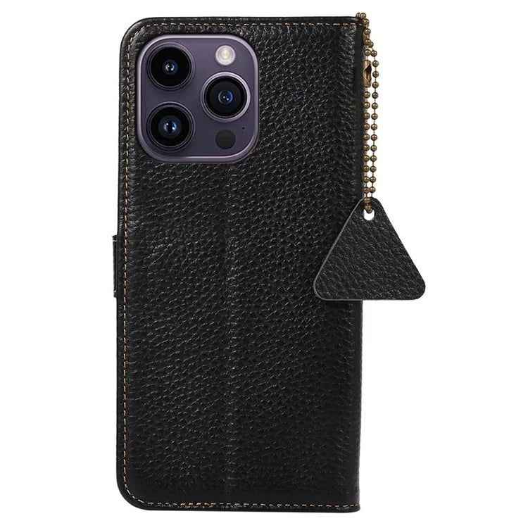 For iPhone 16 Pro Max Case Litchi Texture Phone Cover Genuine Cow Leather RFID Blocking