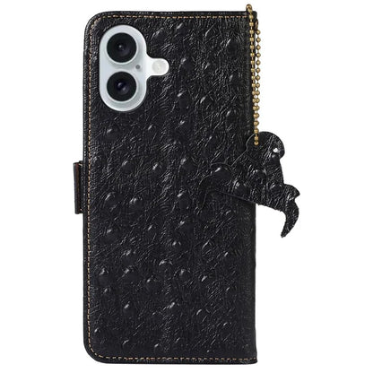 For iPhone 16 Plus Case Ostrich Texture Genuine Cow Leather Phone Cover RFID Blocking Wallet