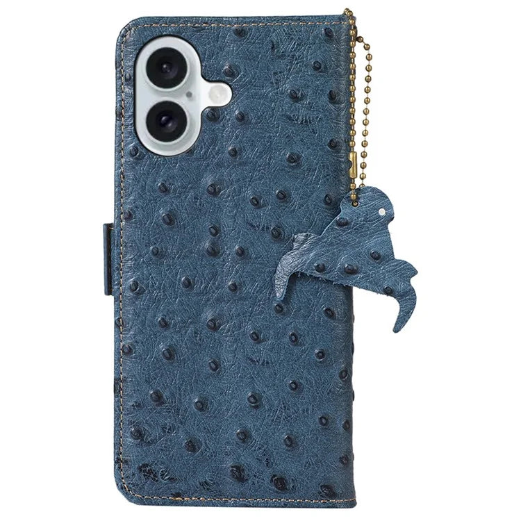 For iPhone 16 Plus Case Ostrich Texture Genuine Cow Leather Phone Cover RFID Blocking Wallet