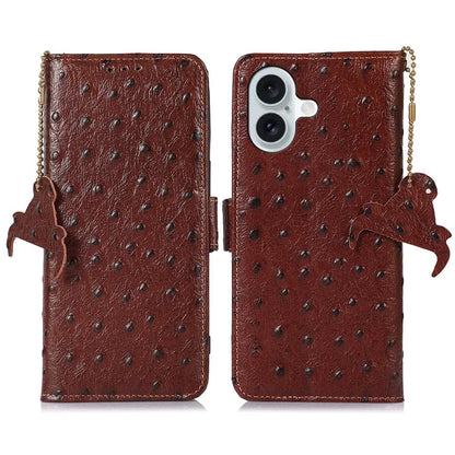 For iPhone 16 Plus Case Ostrich Texture Genuine Cow Leather Phone Cover RFID Blocking Wallet