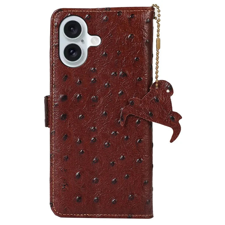 For iPhone 16 Plus Case Ostrich Texture Genuine Cow Leather Phone Cover RFID Blocking Wallet