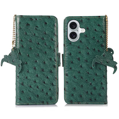For iPhone 16 Plus Case Ostrich Texture Genuine Cow Leather Phone Cover RFID Blocking Wallet