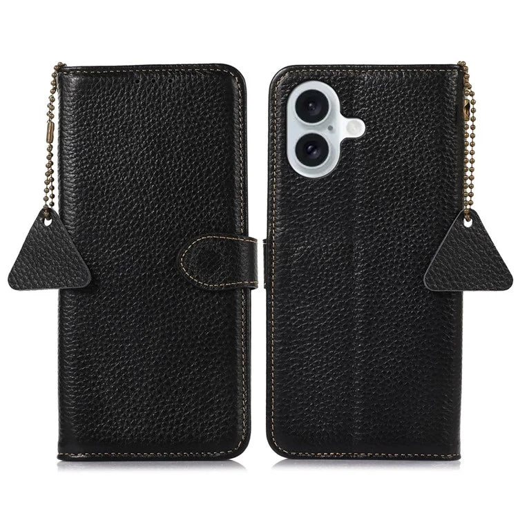 For iPhone 16 Wallet Case Genuine Cow Leather Phone Cover RFID Blocking Litchi Grain