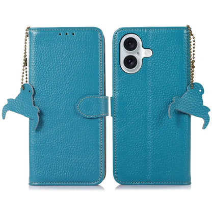 For iPhone 16 Wallet Case Genuine Cow Leather Phone Cover RFID Blocking Litchi Grain