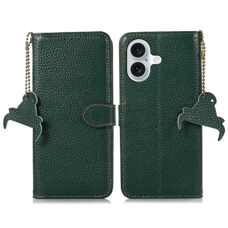 For iPhone 16 Wallet Case Genuine Cow Leather Phone Cover RFID Blocking Litchi Grain