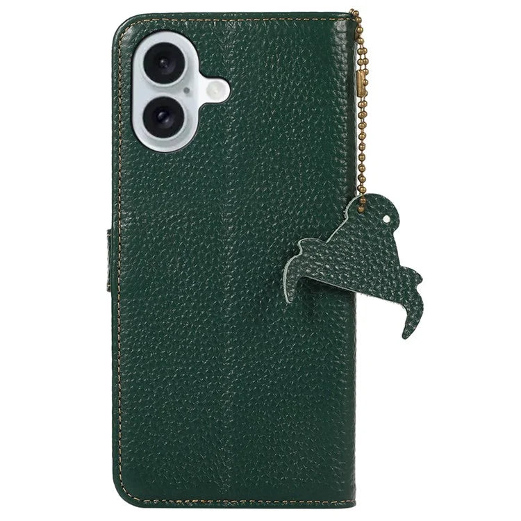 For iPhone 16 Wallet Case Genuine Cow Leather Phone Cover RFID Blocking Litchi Grain